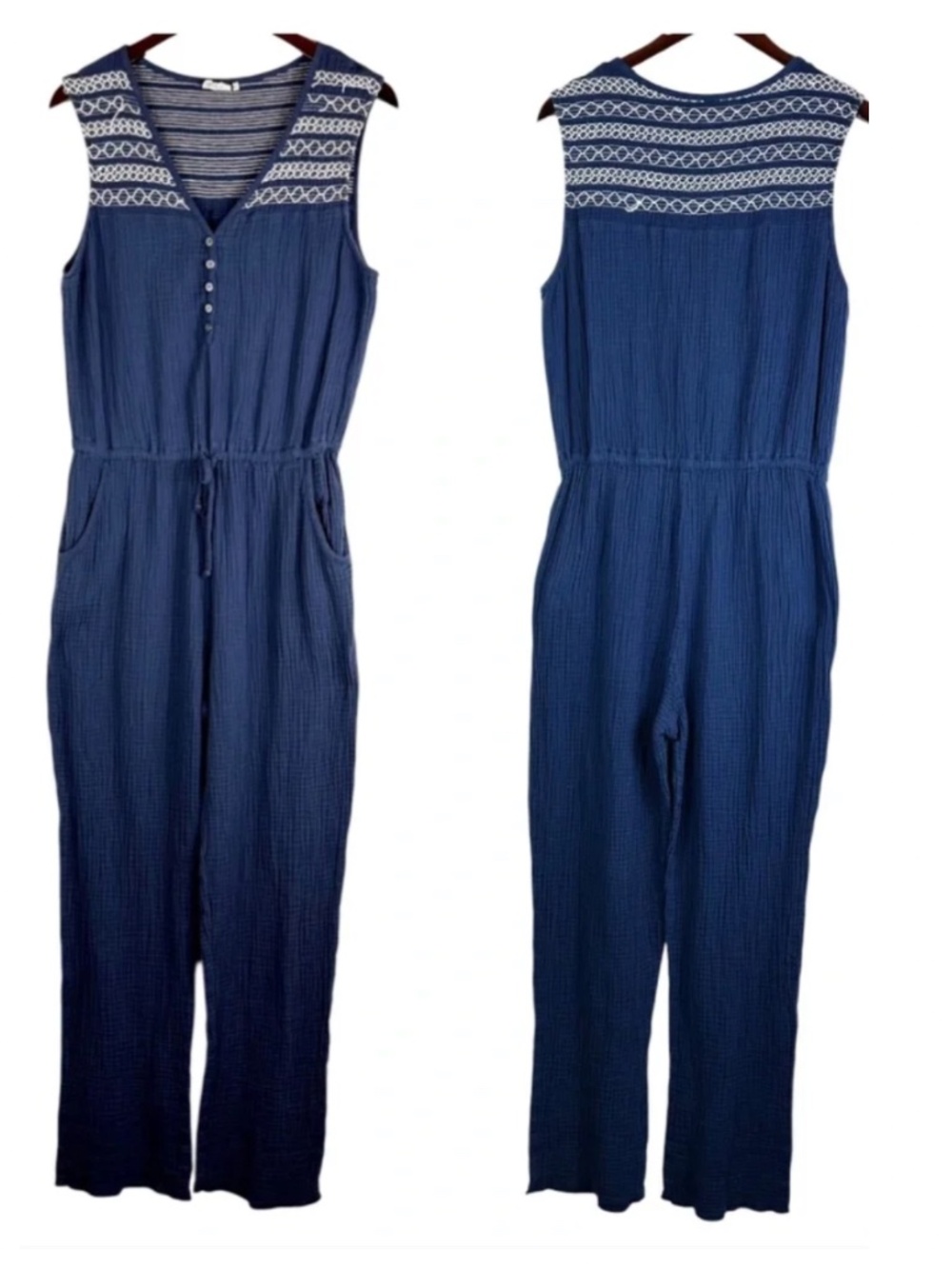Anthropologie Lilka Sz XL 14 16 Jumpsuit Embroidered Navy Blue Slvlss. Gauze - Picture 2 of 4